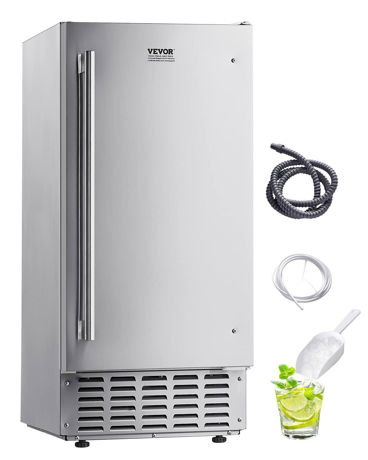 Front. VEVOR - Undercounter Built-in Ice Maker, 66 Lbs/Day Under Counter Nugget Ice Maker Machine with Reversible Door Stainless Steel - Silver.
