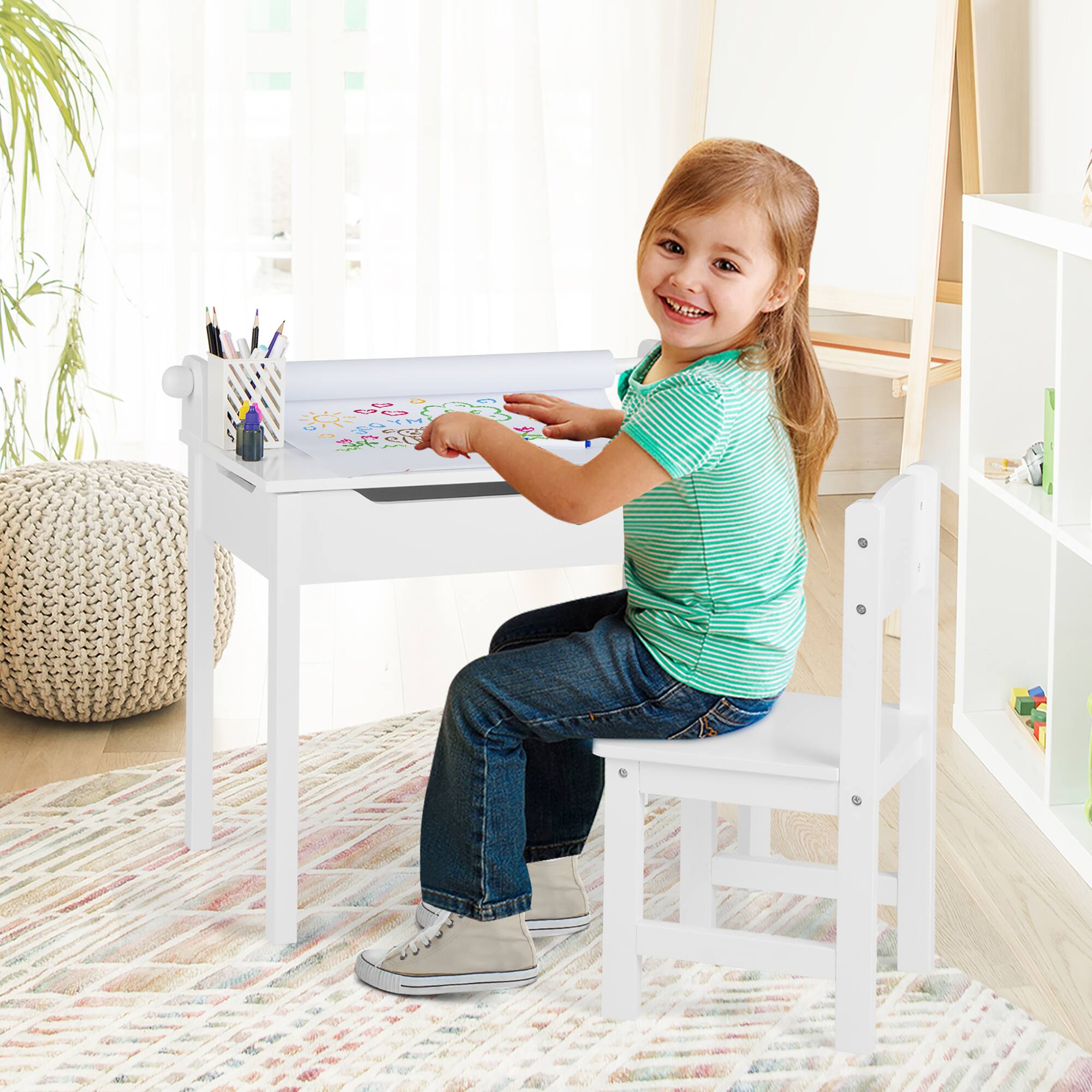 Alt View 1. Costway - Costway Toddler Craft Table & Chair Set Kids Art Crafts Table withPaper Roll Holder - White.