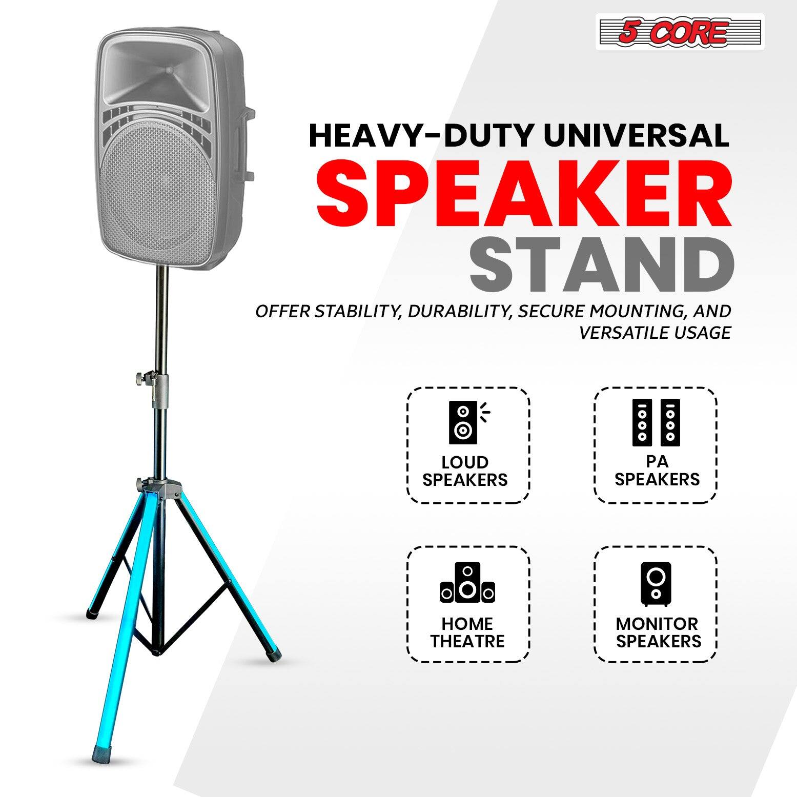 The text on the image can be grouped and corrected as follows:

**5 CORE HEAVY-DUTY UNIVERSAL SPEAKER STAND**

- **OFFERS STABILITY, DURABILITY, SECURE MOUNTING, AND VERSATILE USAGE**
- **LOUD SPEAKERS**
- **PA SPEAKERS**
- **HOME THEATRE MONITOR SPEAKERS**

This text highlights the key features and compatibility of the speaker stand.
