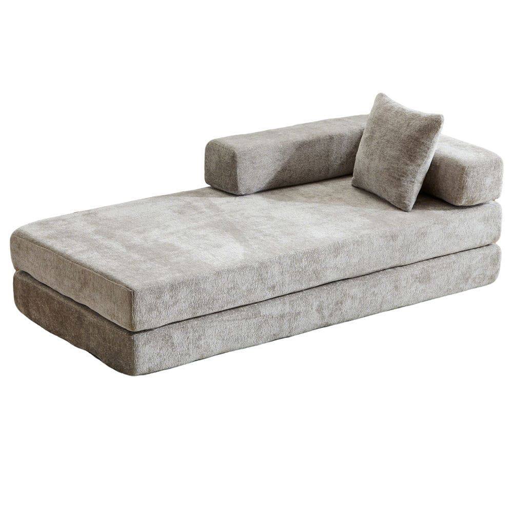 Back. Kadyn - Floor Couch Bed, Convertible Chenille Fabric Sofa with Pillow Back Support, Compression Lounge Sleeper, Light Gray - Gray.