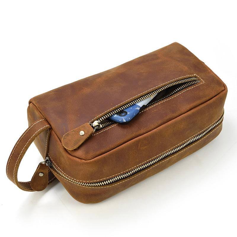 Left. Steel Horse Leather - The Wanderer Toiletry Bag | Genuine Leather Toiletry Bag - Brown.