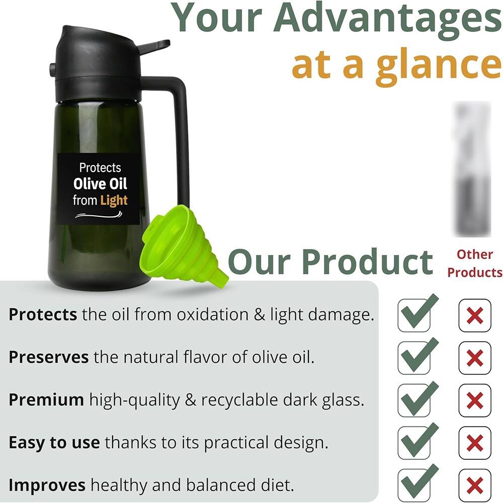 Your Advantages at a glance

Our Product

- Protects the oil from oxidation & light damage.
- Preserves the natural flavor of olive oil.
- Premium high-quality & recyclable dark glass.
- Easy to use thanks to its practical design.
- Improves healthy and balanced diet.

Other Products

- Protects the oil from oxidation & light damage.
- Preserves the natural flavor of olive oil.
- Premium high-quality & recyclable dark glass.
- Easy to use thanks to its practical design.
- Improves healthy and balanced diet.