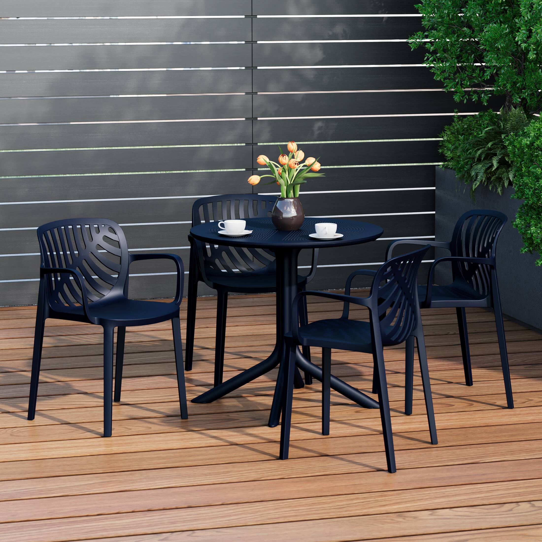 Angle. WestinTrends - WestinTrends Playa 5-Piece Outdoor Resin Round Patio Dining Table Set with Modern Stackable Patio Dining Chairs - Navy Blue.