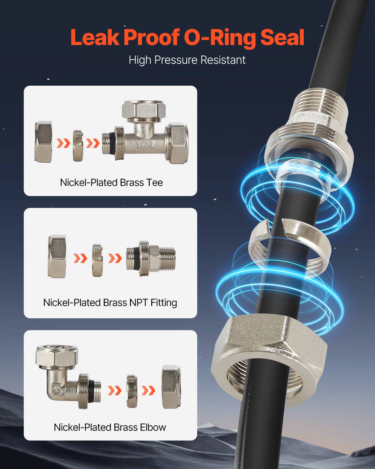 Leak Proof O-Ring Seal High Pressure Resistant  
Nickel-Plated Brass Tee  
Nickel-Plated Brass NPT Fitting  
Nickel-Plated Brass Elbow