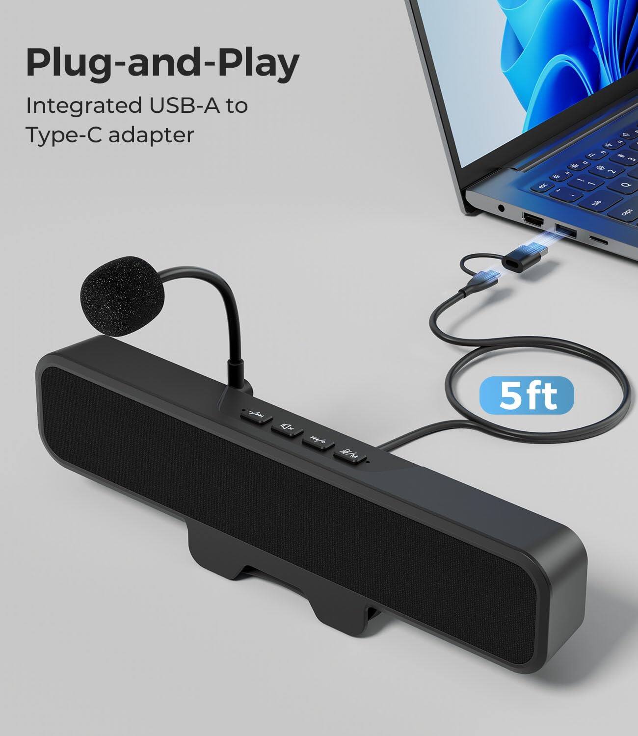 Plug-and-Play Integrated USB-A to Type-C adapter. 5ft