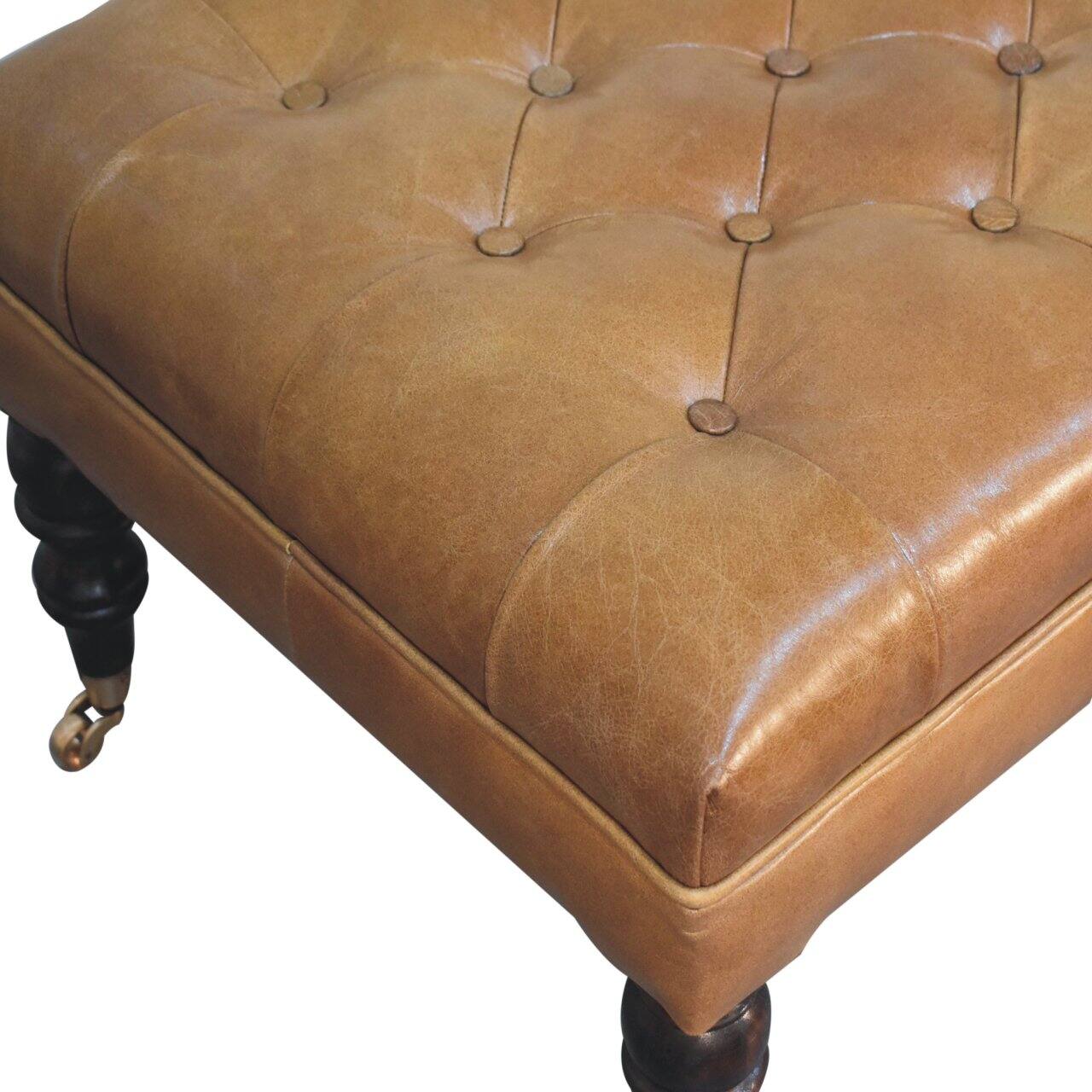 Alt View 4. Artisan Furniture - Artisan Furniture Solid Wood California Walnut Buffalo Brown Leather Ottoman with Castor Legs, Upholstered, Brown Color - Brown.