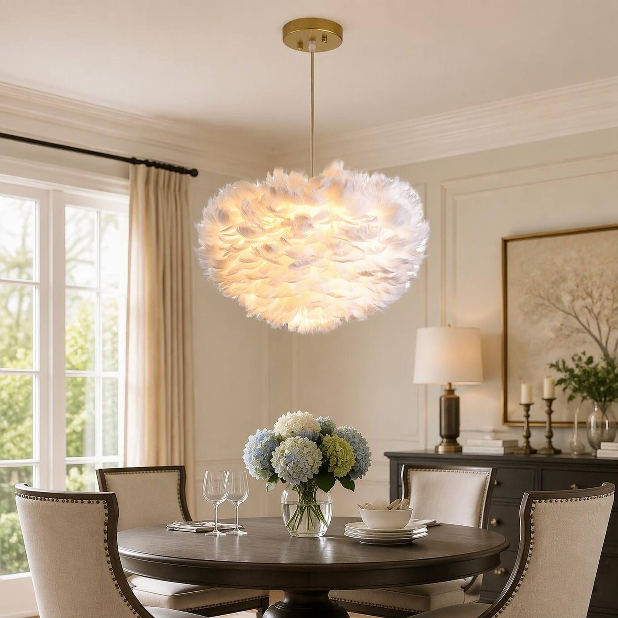 Angle. RYHNUYNE - 18 In White 3-Light Feather Chandelier, Modern Fixture 49 In Adjustable Hanging Height Real Goose Feathers - Milk White.