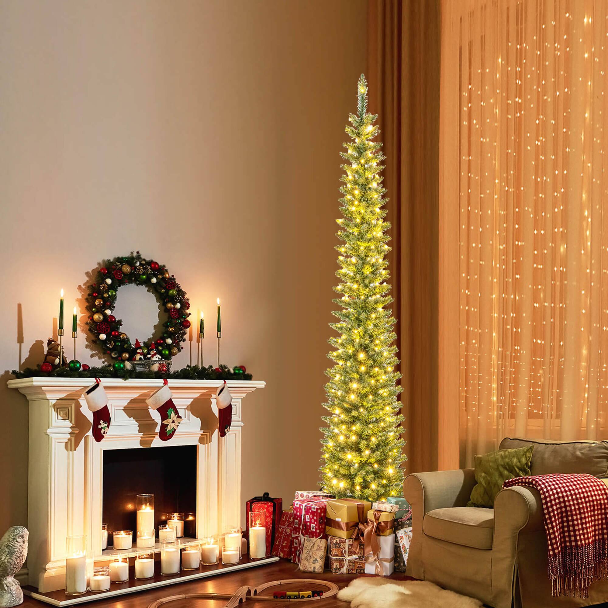 Alt View 4. Costway - Costway 7 FT Pre-Lit Pencil Christmas Tree with 200 LED Lights & 499 Branch Tips Party - Green.