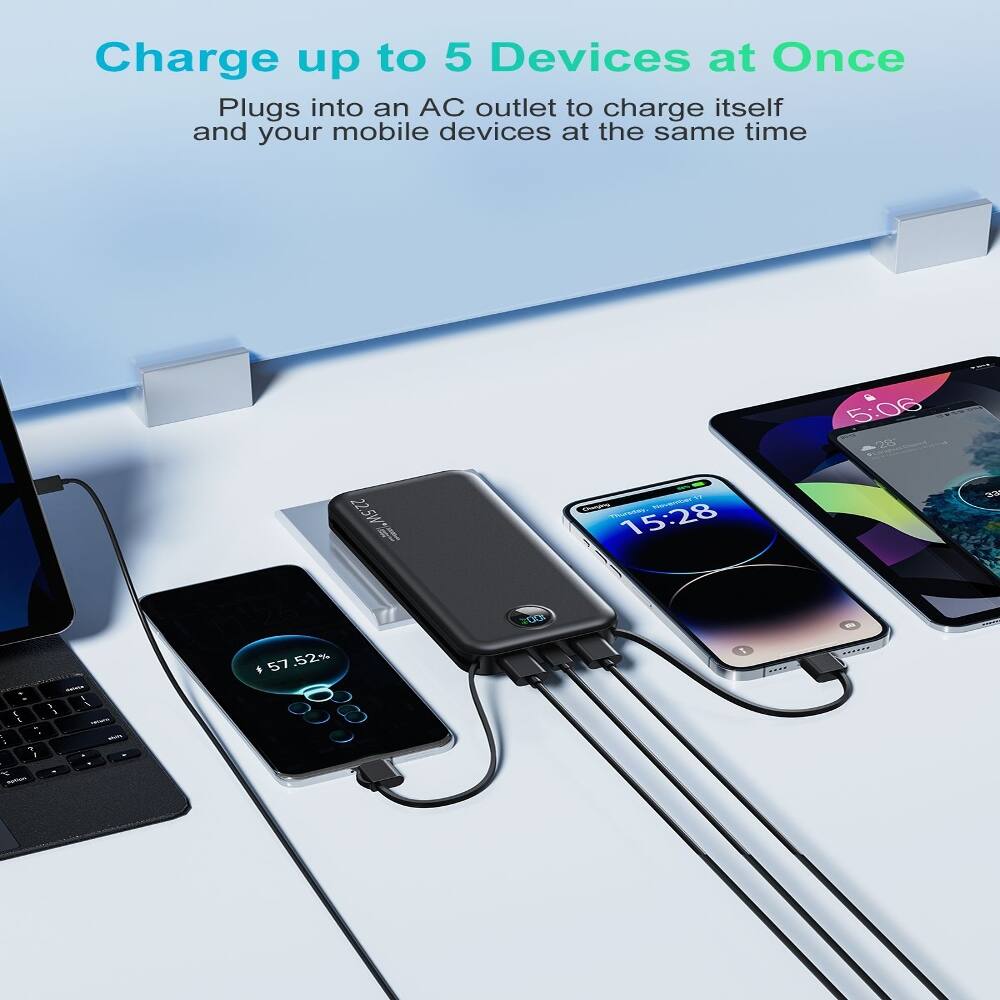 Charge up to 5 Devices at Once  
Plugs into an AC outlet to charge itself and your mobile devices at the same time  

5:06 28  
22.5W 22. 11:26  57 .52%  
200  
57 Charging Thursday, November 15:28 %  
33'  
Aptique