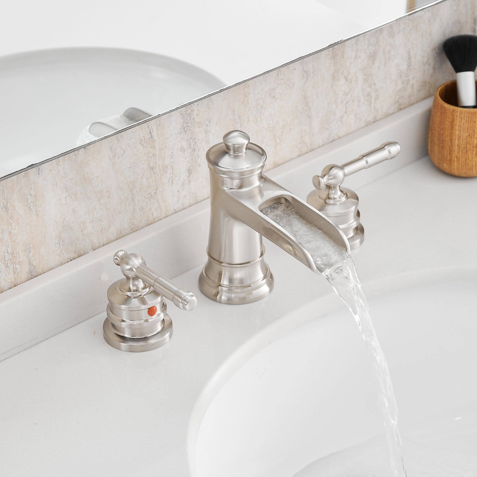 Angle. Boyel Living - Classic 8 Inch Widespread Double Handle Brass Bathroom Faucet with Pop Up Drain and Water Supply Hoses in Brushed Nickel - Brushed Nickel.