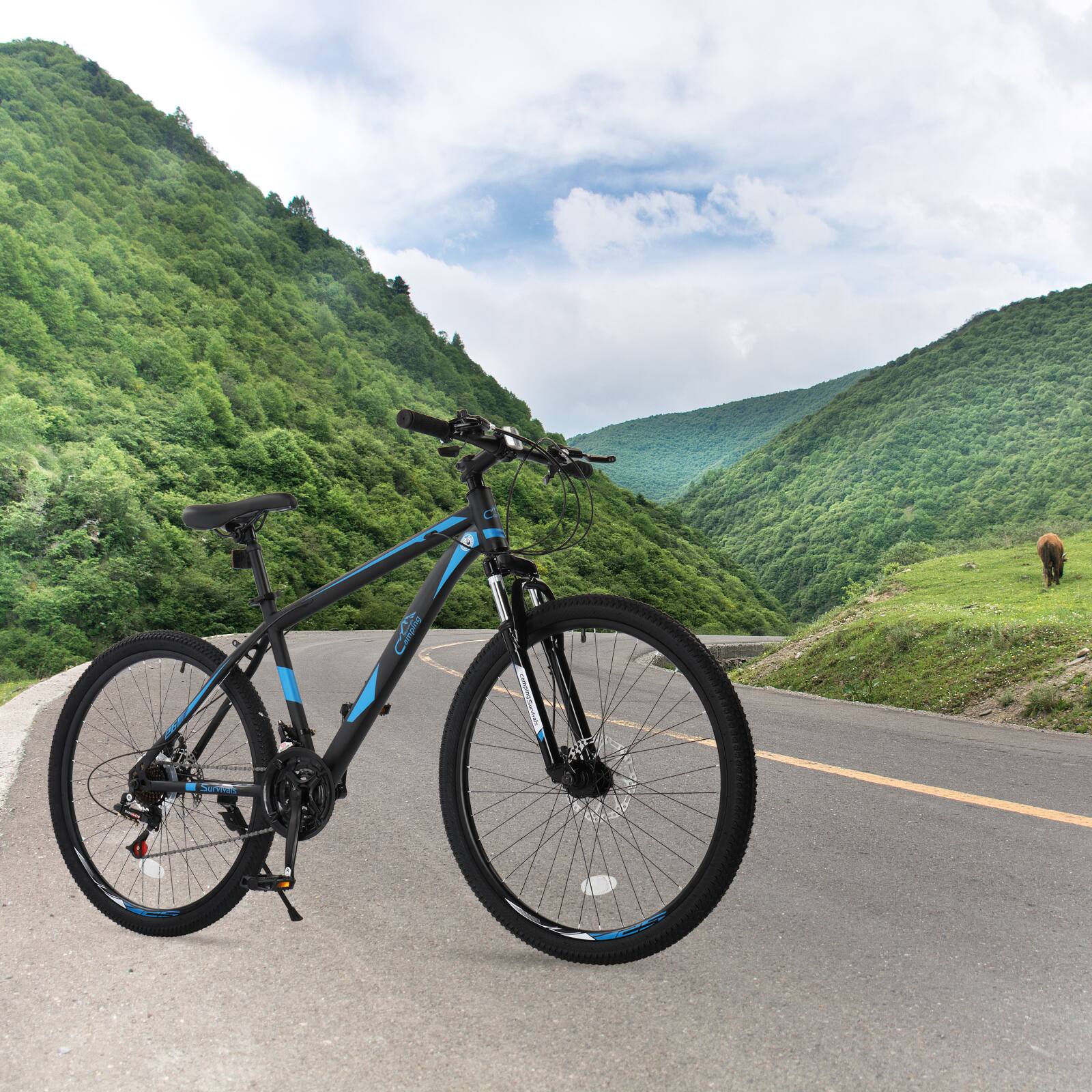 Angle. Winado - Men & Women Mountain Bike with 21-Speed Adult Bikes, Double Disc Brake, Suspension Fork and High Carbon Steel Frame - Black&Blue.