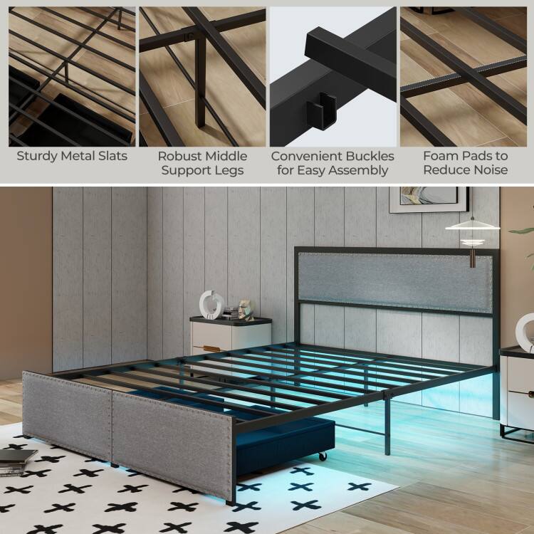 Sturdy Metal Slats  
Robust Middle Support Legs  
Convenient Buckles for Easy Assembly  
Foam Pads to Reduce Noise