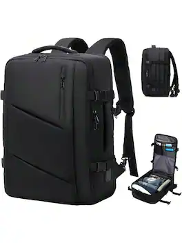 Live At Space - Carry on Travel Backpack Men Women, Large 40L Flight Approved Expandable Suitcase With Type - C Charging Port, Luggage - Large + A - Black
