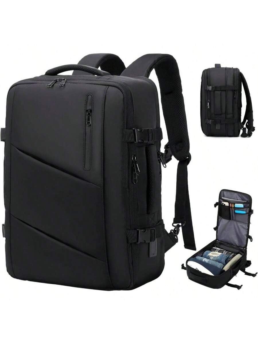 Front. Live At Space - Carry on Travel Backpack Men Women, Large 40L Flight Approved Expandable Suitcase With Type - C Charging Port, Luggage - Large + A - Black.