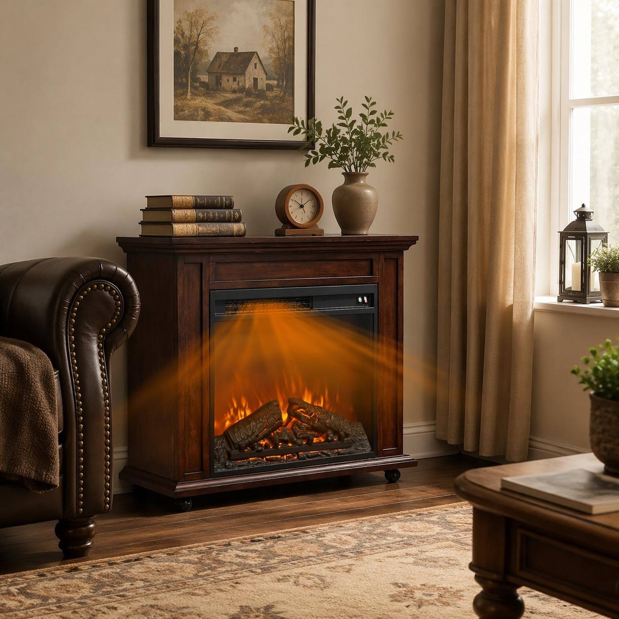 Left. RYHNUYNE - 23 Inch Electric Fireplace Insert Heater with Log Set & Realistic Flame – Two-Button Operation - Antique Black.