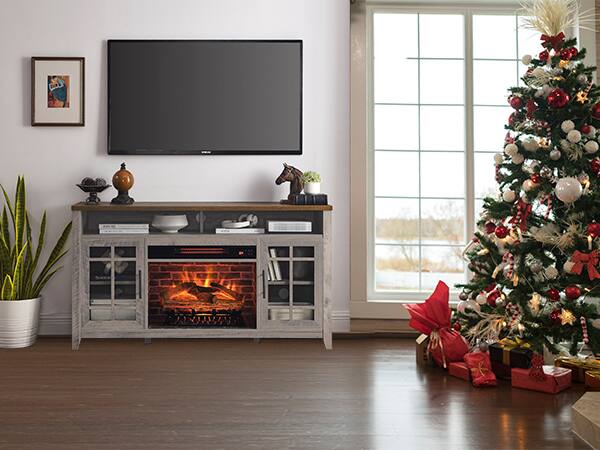 Left. GOODSILO - 55 Inch TV Stand with Electric Fireplace Insert & Storage Cabinets - Gray Wash.