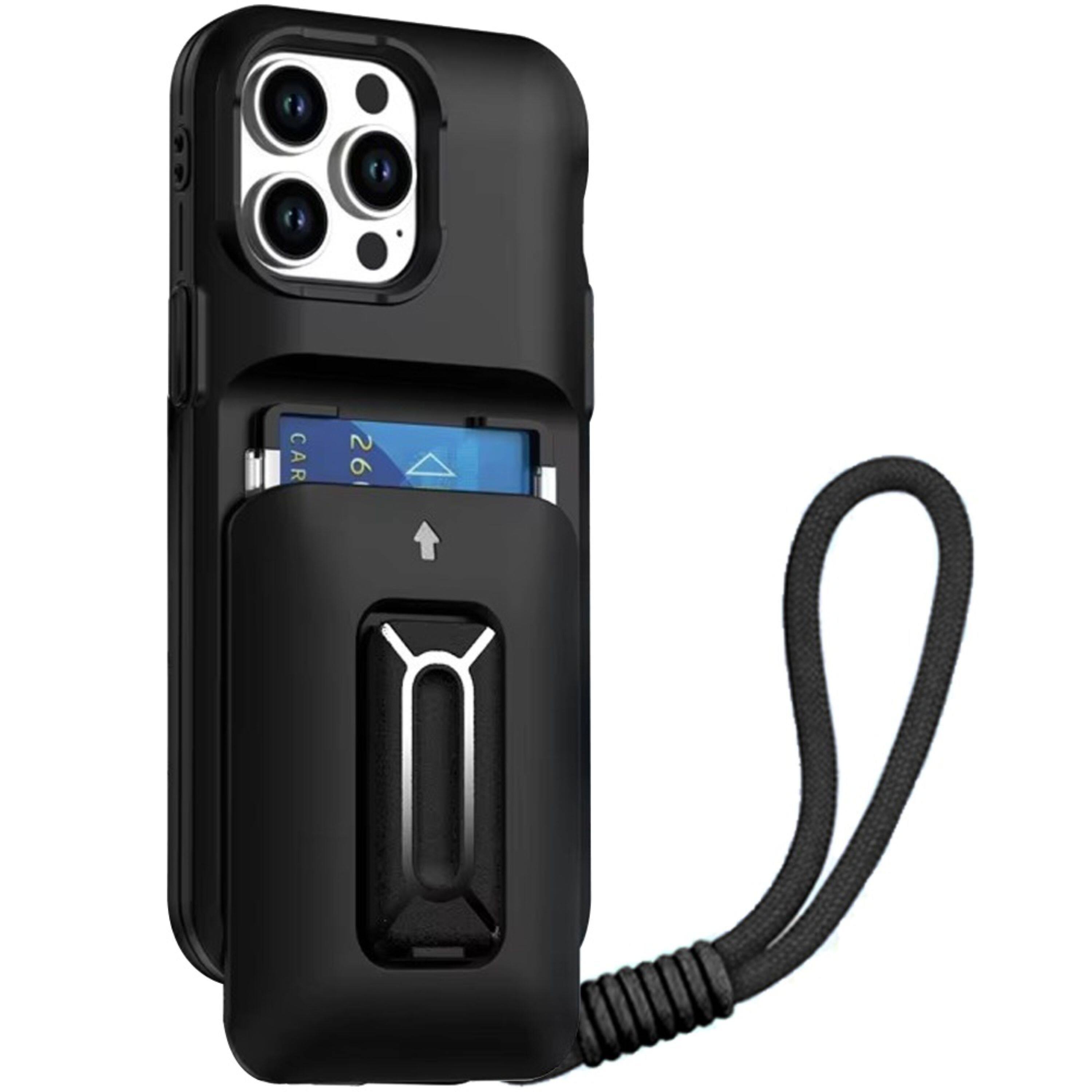 Left. Kitcheniva - Wallet Card Holder Kickstand Case With Strap For iPhone 14 Pro Max Black - Black.