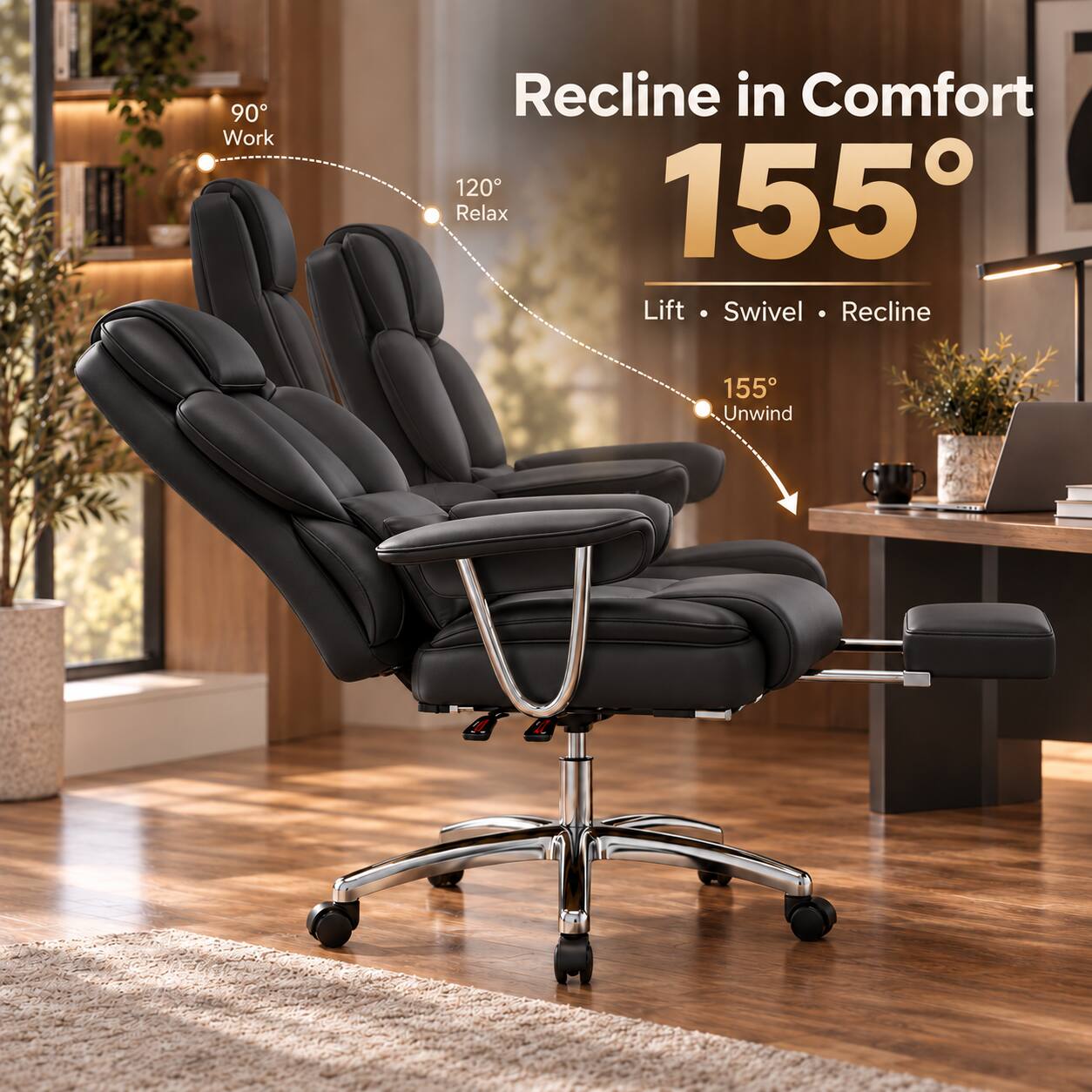 Recline in Comfort  
155°  
Lift • Swivel • Recline  

90° Work  
120° Relax  
155° Unwind