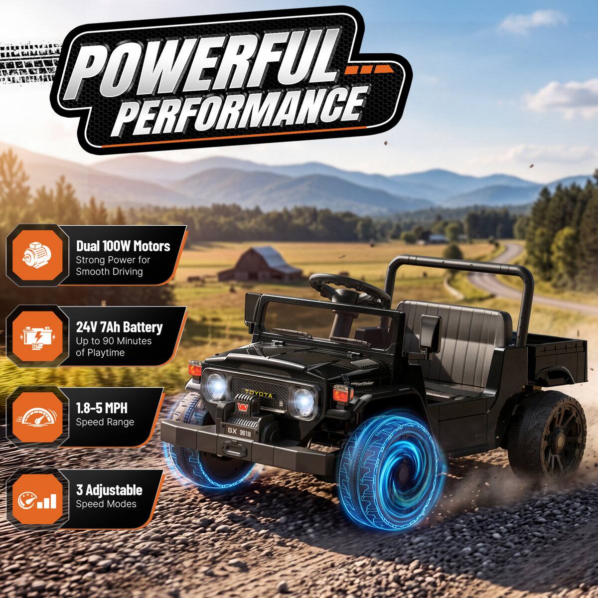 POWERFUL PERFORMANCE

Dual 100W Motors Strong Power for Smooth Driving

24V 7Ah Battery Up to 90 Minutes of Playtime

1.8-5 MPH Speed Range

TOYOTA SX 3618

3 Adjustable Speed Modes