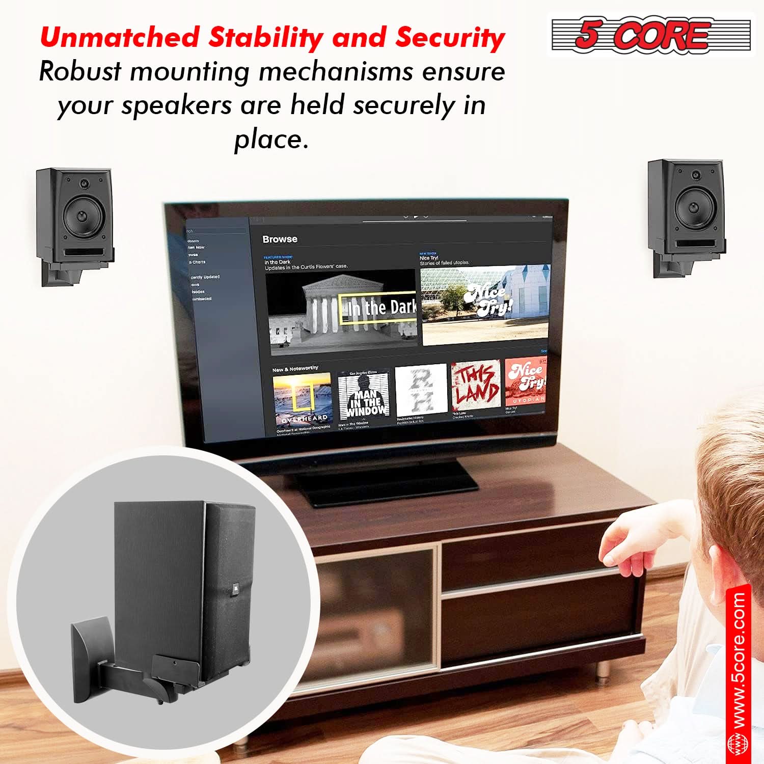 Unmatched Stability and Security: Robust mounting mechanisms ensure your speakers are held securely in place. Visit www.5core.com.