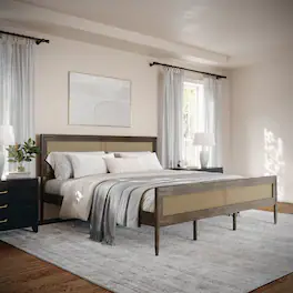 Martha Stewart - Jax Wooden King Platform Bed with Rattan Inset Headboard and Footboard - Brown Gray