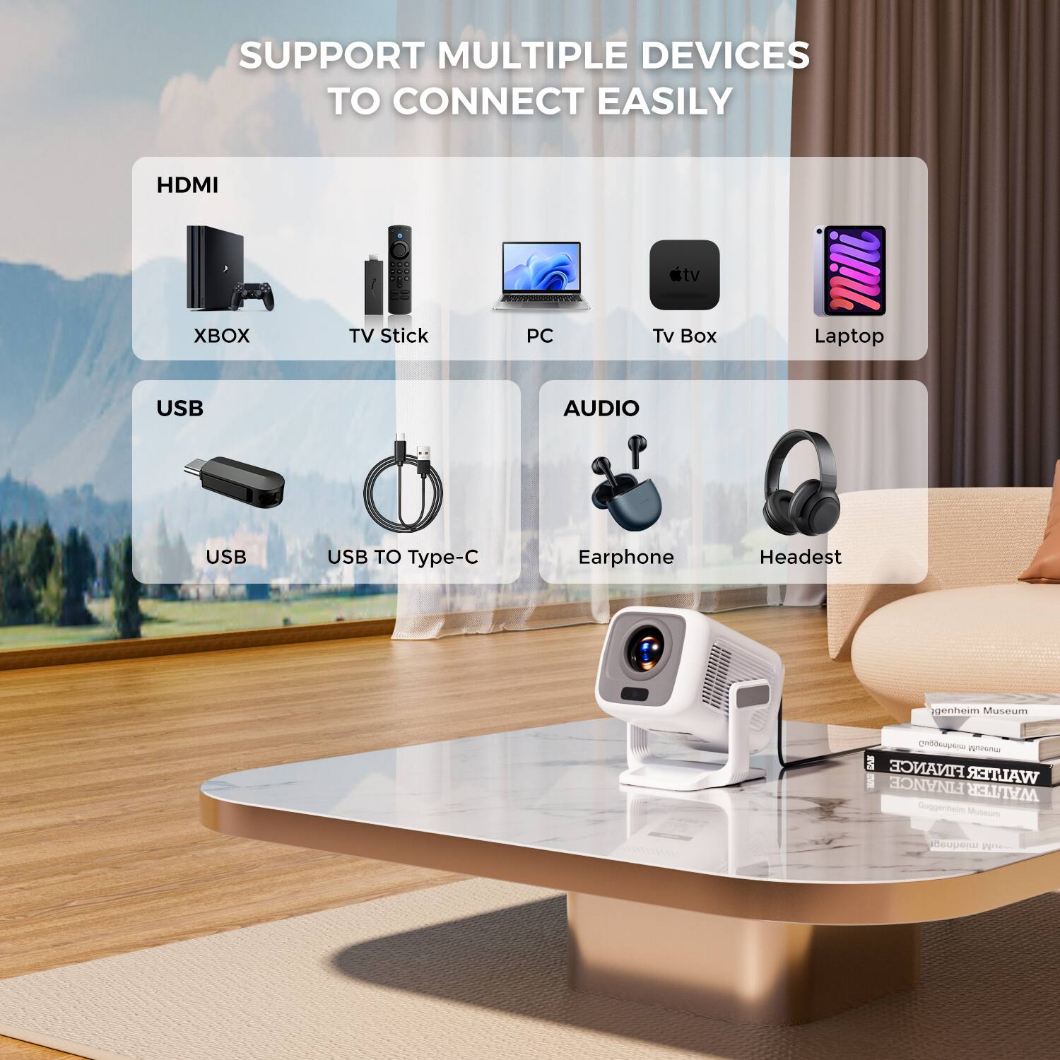 SUPPORT MULTIPLE DEVICES TO CONNECT EASILY

HDMI
- XBOX
- TV Stick
- PC
- TV Box
- Laptop

USB
- USB
- USB TO Type-C

AUDIO
- Earphone
- Headset

genheim Museum
Guggenheim Museum
WALTER FINANCE
WALTER FINANCE