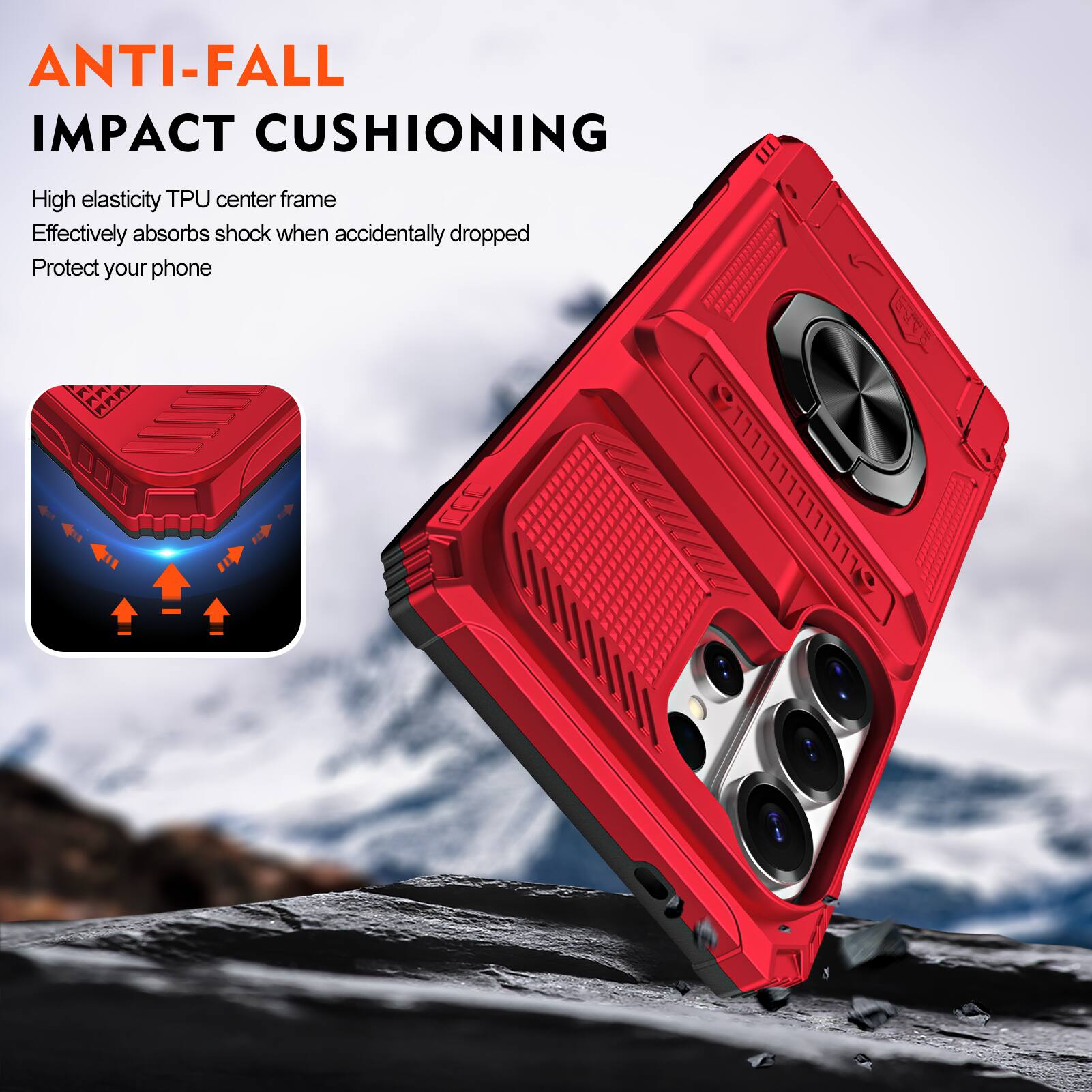 ANTI-FALL IMPACT CUSHIONING

High elasticity TPU center frame
Effectively absorbs shock when accidentally dropped
Protect your phone
