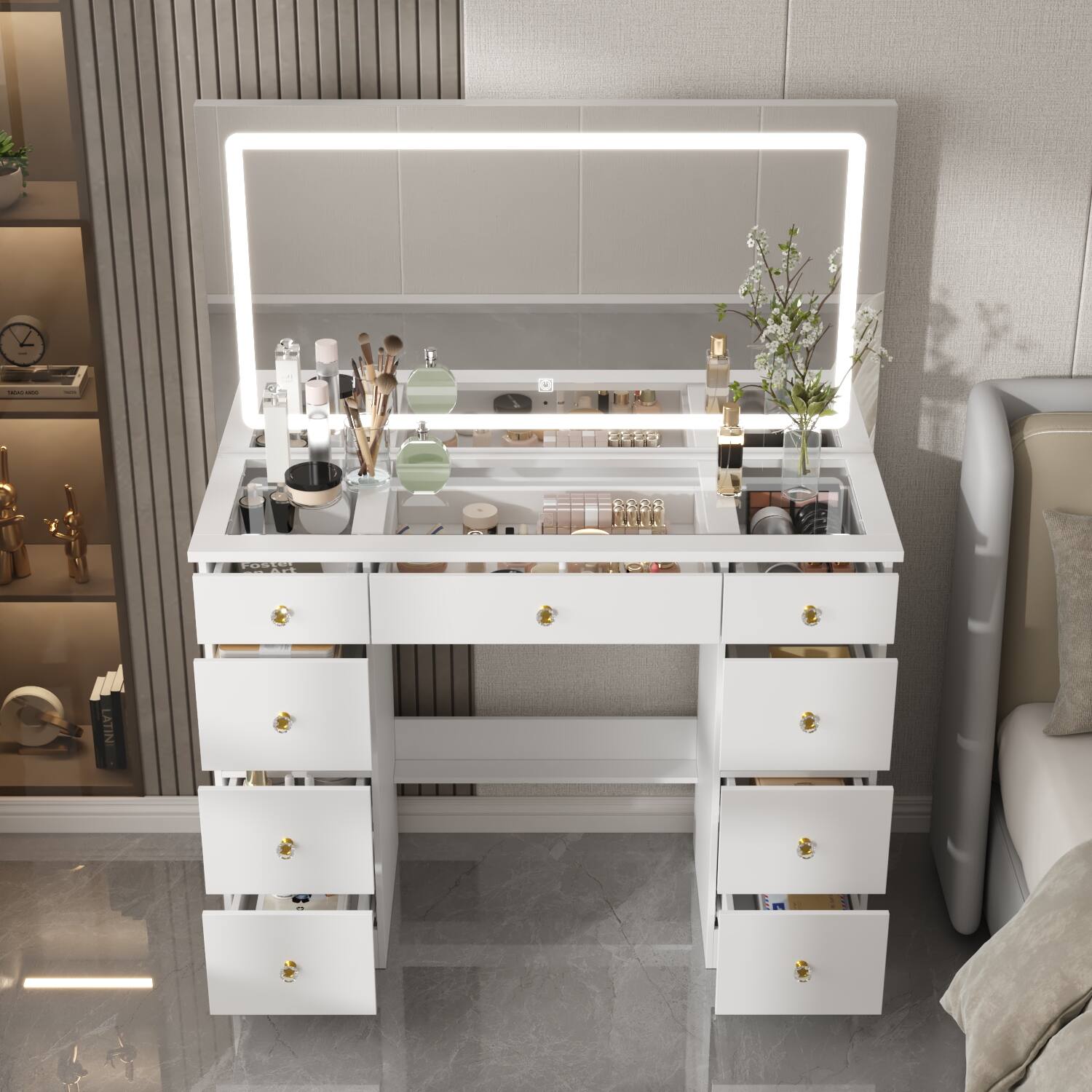 Alt View 10. Famapy - Large  3 - Color Lighting LED Vanity Desk with Oversized Illuminated Mirror Ample Storage Drawers & Crystal Knobs - White.
