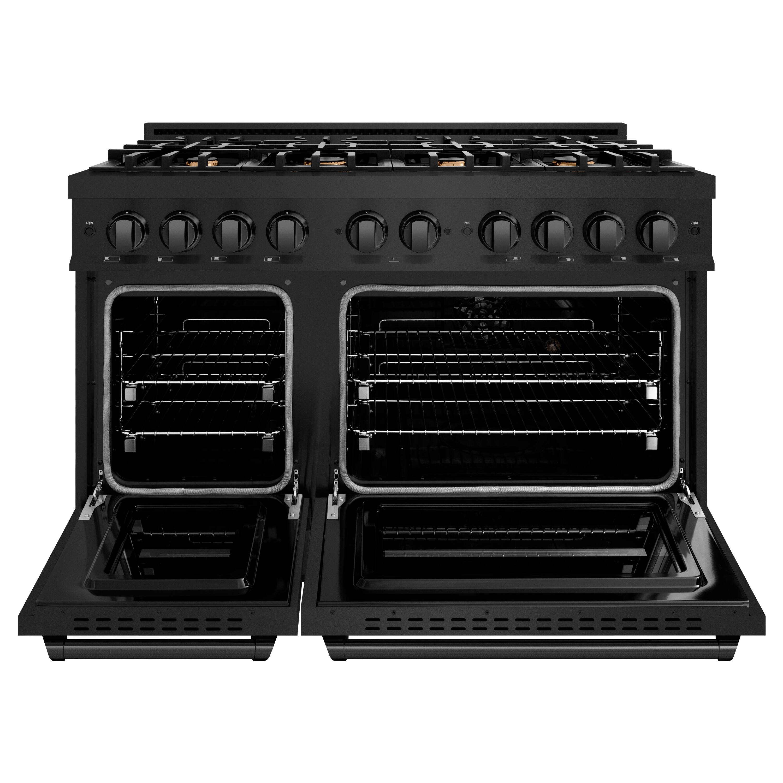 Angle. ZLINE - ZLINE 48" Classic Double Oven Dual Fuel Range in Black Stainless w/ 8 Brass Burners (CDRB-BR-48) - Black Stainless Steel.