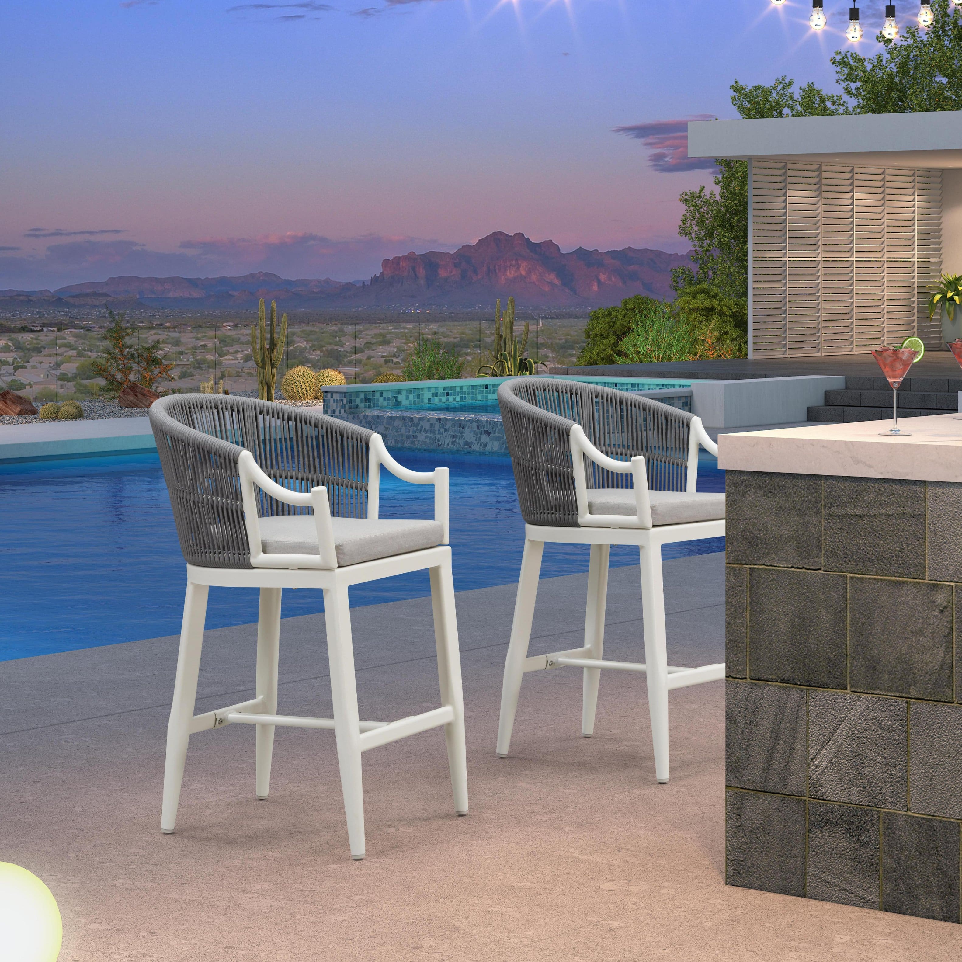 Front. PURPLE LEAF - Patio Counter Height Set of 2 Outdoor Rattan Chairs with Back Modern Aluminum Woven Barstools for Garden Indoor Kitchen - White-Counter Stool.