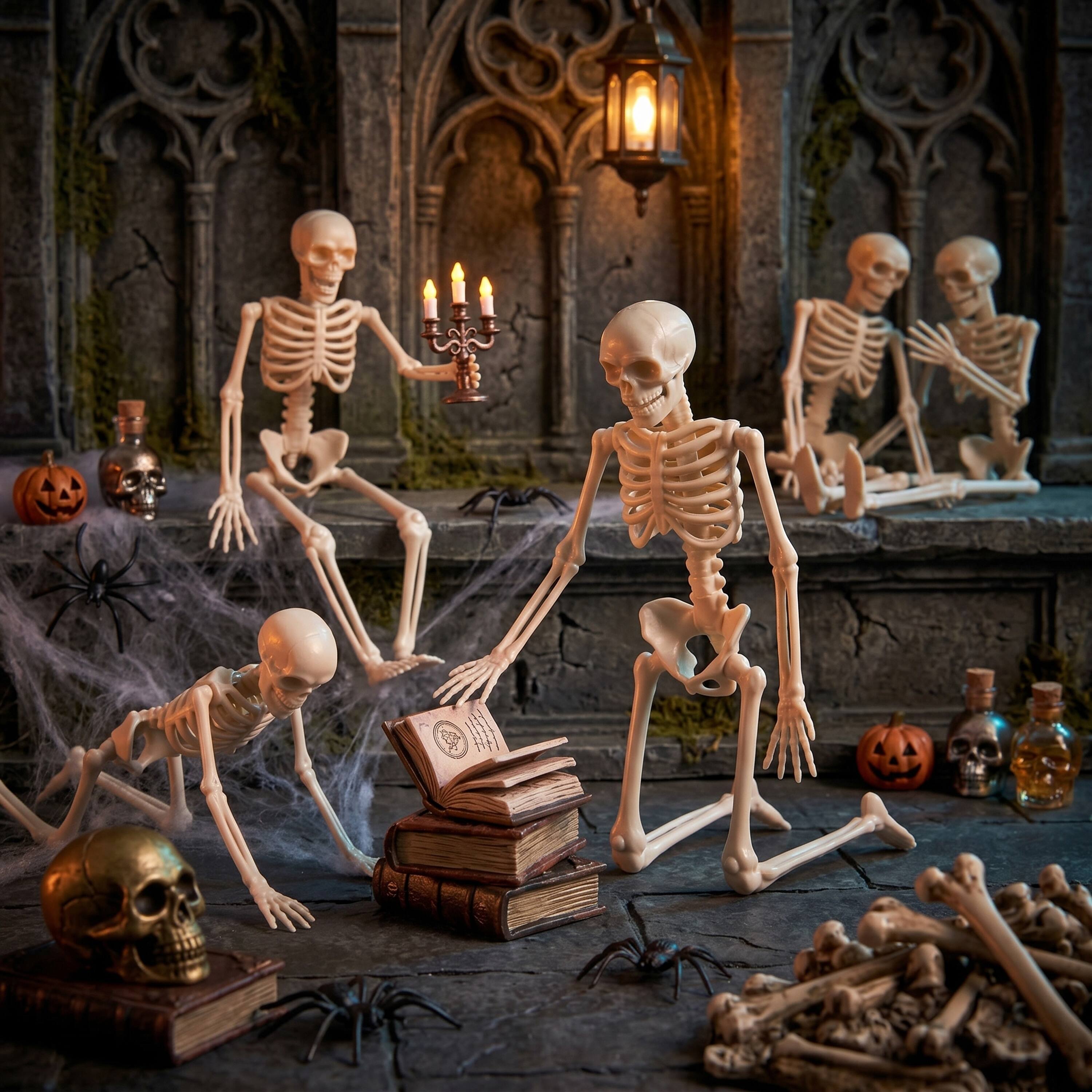 Angle. Joyfy - 12 PCS Halloween Mini Skeleton Figurines, 6" Plastic Poseable Small Skeletons Toys Decorations for Haunted House Prop - White.