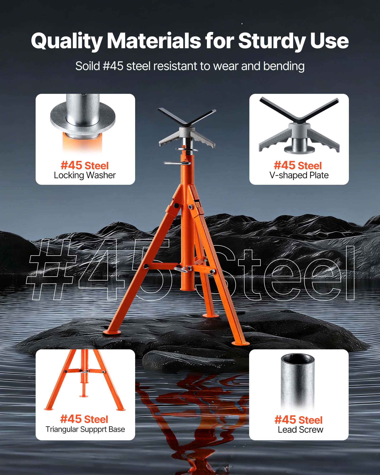 Quality Materials for Sturdy Use  
Solid #45 steel resistant to wear and bending  
#45 Steel Locking Washer  
#45 Steel V-shaped Plate  
#45 Steel Triangular Support Base  
#45 Steel Lead Screw