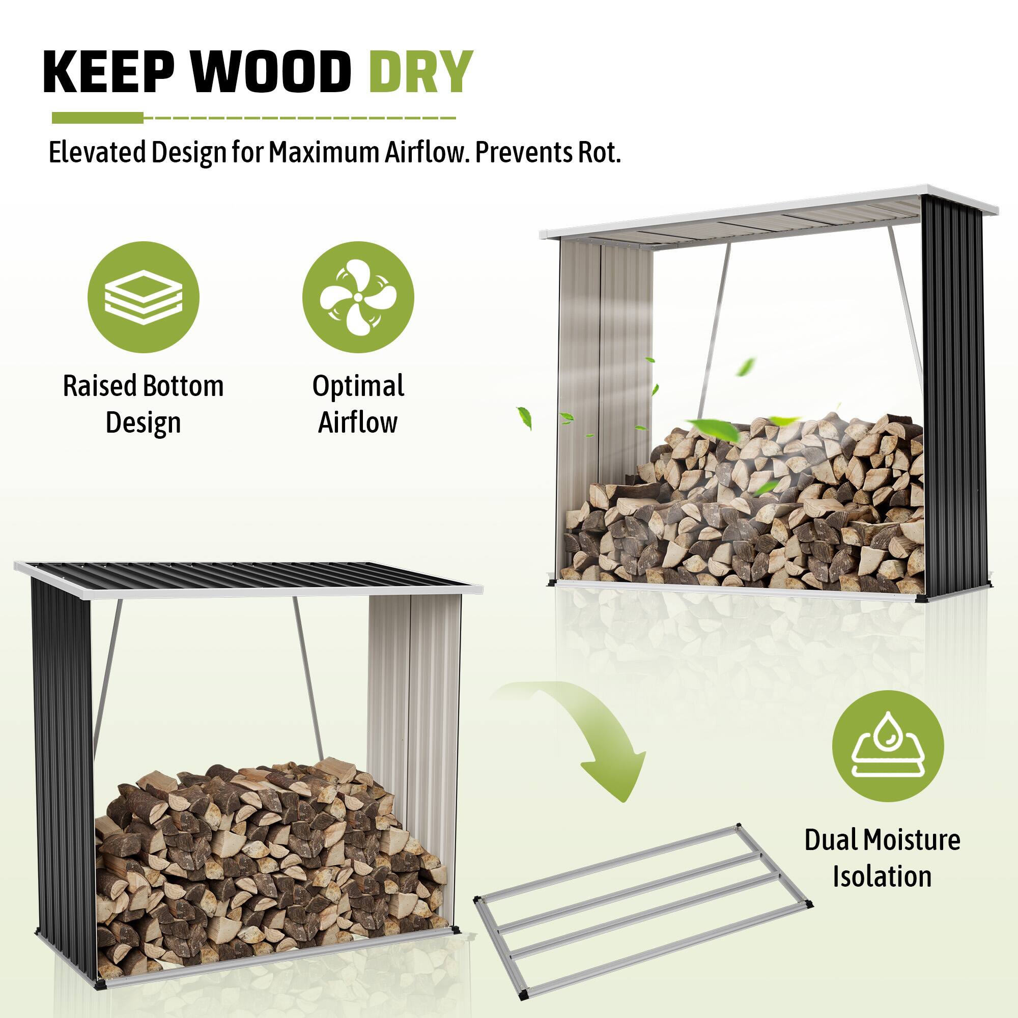 KEEP WOOD DRY  
Elevated Design for Maximum Airflow. Prevents Rot.  
Raised Bottom Design  
Optimal Airflow  
Dual Moisture Isolation