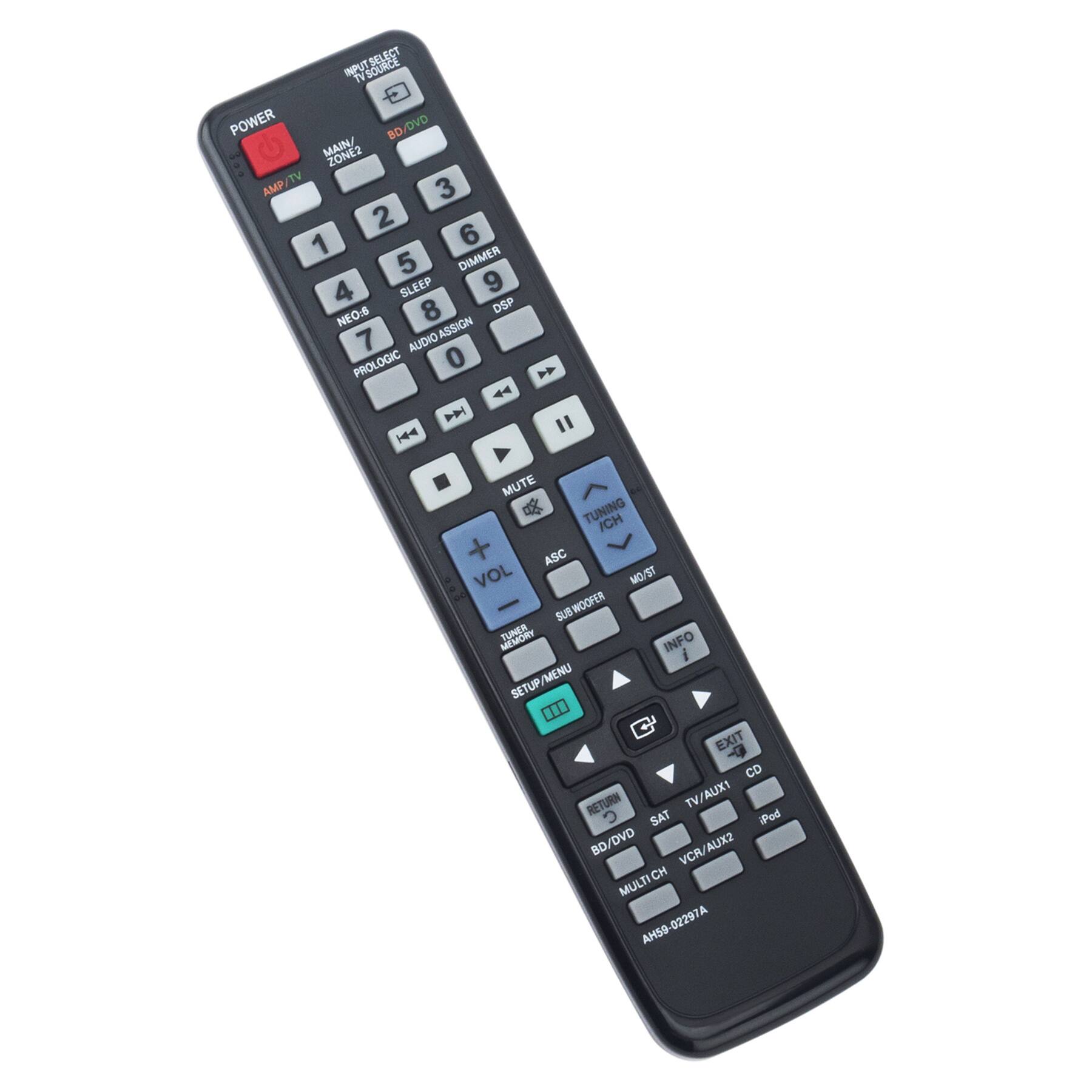 Sure, here is the corrected and grouped text from the image:

---

**Top Section:**
- SOURCE SELECT INPUT
- TV POWER
- BD DVD
- MAIN/ZONE2
- TV AMP

**Number Buttons:**
- 1
- 2
- 3
- 4
- 5
- 6
- 7
- 8
- 9
- 0

**Function Buttons:**
- AMP/TV
- ZONE2
- DIMMER
- SLEEP
- DSP
- NEO:S
- AUDIO ASSIGN
- PROLOGIC
- MUTE
- TUNING
- ICH
- ASC
- VOL
- MO/ST
- SUB WOODER
- TUNER
- INFO
- MENU
- EXIT
- CD
- TV/AUXI
- RETURN
- SAT
- iPod
- DVD
- SXUA
- BD
- VCR/AUX2
- MULTI CH

**Volume Control:**
- VOL -
- VOL +

**Navigation:**
- SETUP/UP
- DOWN
- LEFT
- RIGHT
- ENTER

**Additional:**
- AHS9-02297A