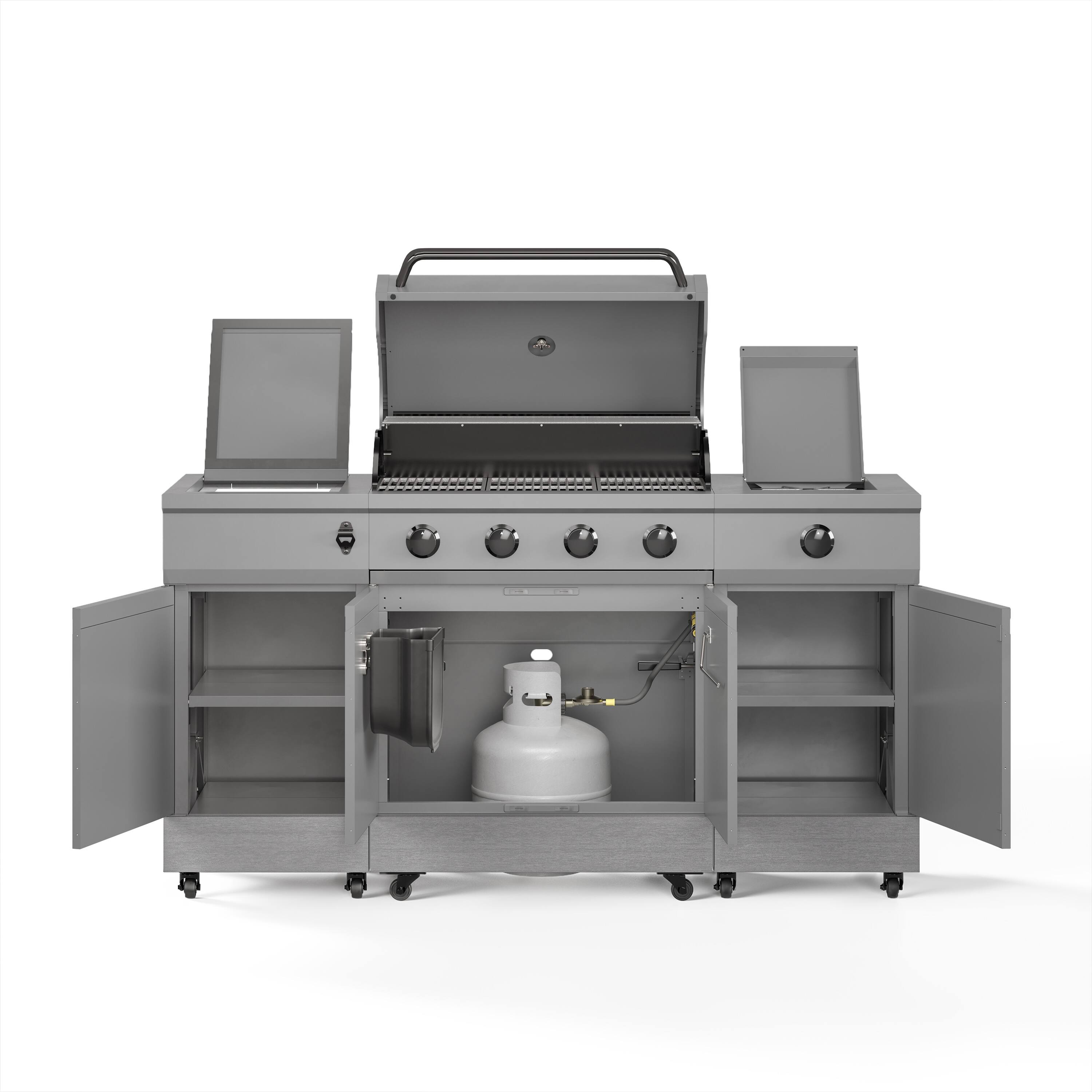 Left. TYTUS Grills - Fresno 5-Burner LP/NG Convertible Grill in Gunmetal + Carbon Wood - Gray.