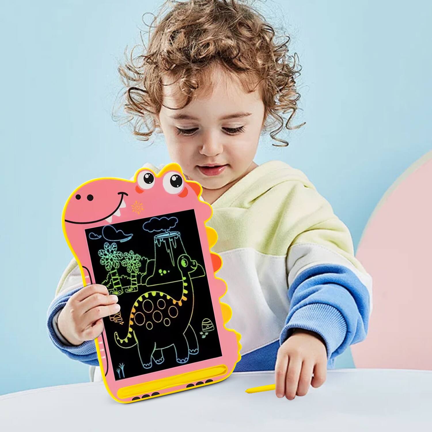 Left. Sahara - 8.5" Kids LCD Writing Notepad – Dinosaur Drawing Pad with Color Display | Eye Protection Screen | One-Click Erase - Pink.