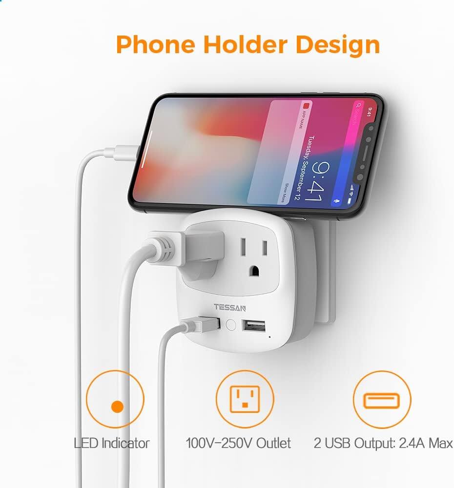Phone Holder Design

- LED Indicator
- 100V-250V Outlet
- 2 USB Output: 2.4A Max