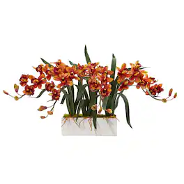 BreeBe - 15" Cymbidium Artificial Arrangement in White Vase - Burgundy