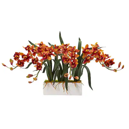 Front. BreeBe - 15" Cymbidium Artificial Arrangement in White Vase - Burgundy.