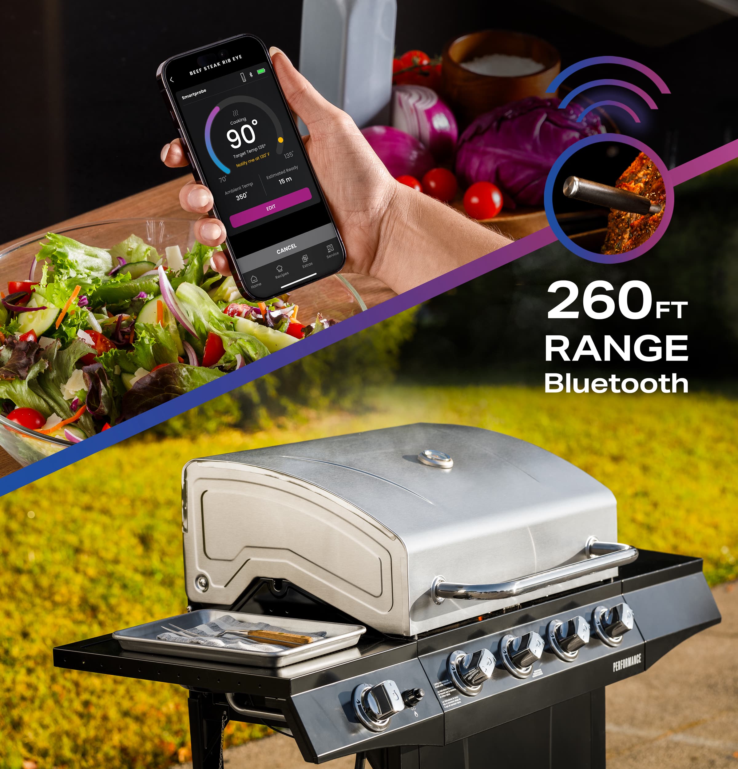 The text on the image reads: "1. STEAR ... I: Smartphone 90°F 10 d 15°F 350°F 260°F Range Bluetooth." This text is grouped and corrected as follows:
1. Smartphone: 90°F 10 d 15°F 350°F 260°F Range Bluetooth.