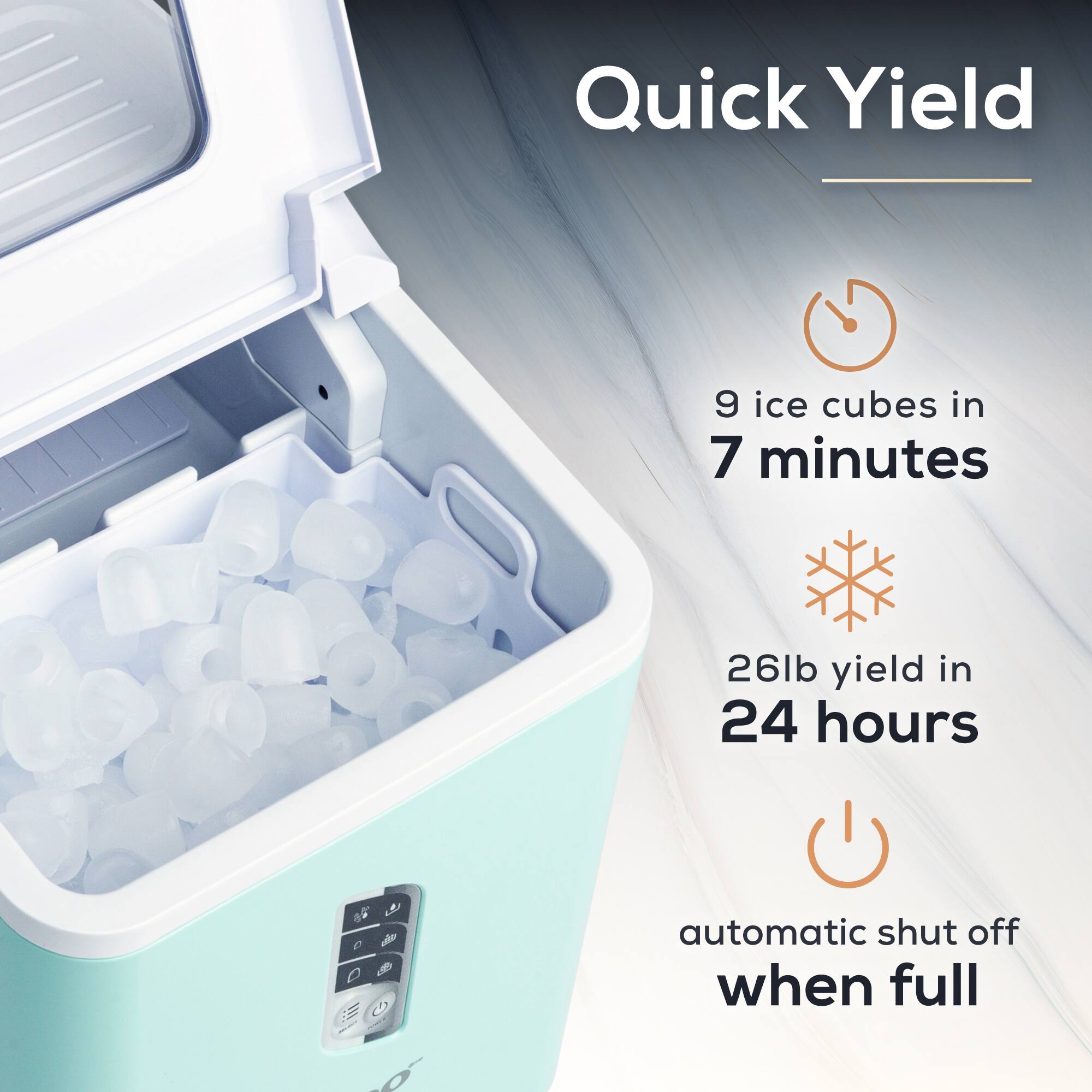 Quick Yield

9 ice cubes in 7 minutes

26lb yield in 24 hours

automatic shut off when full