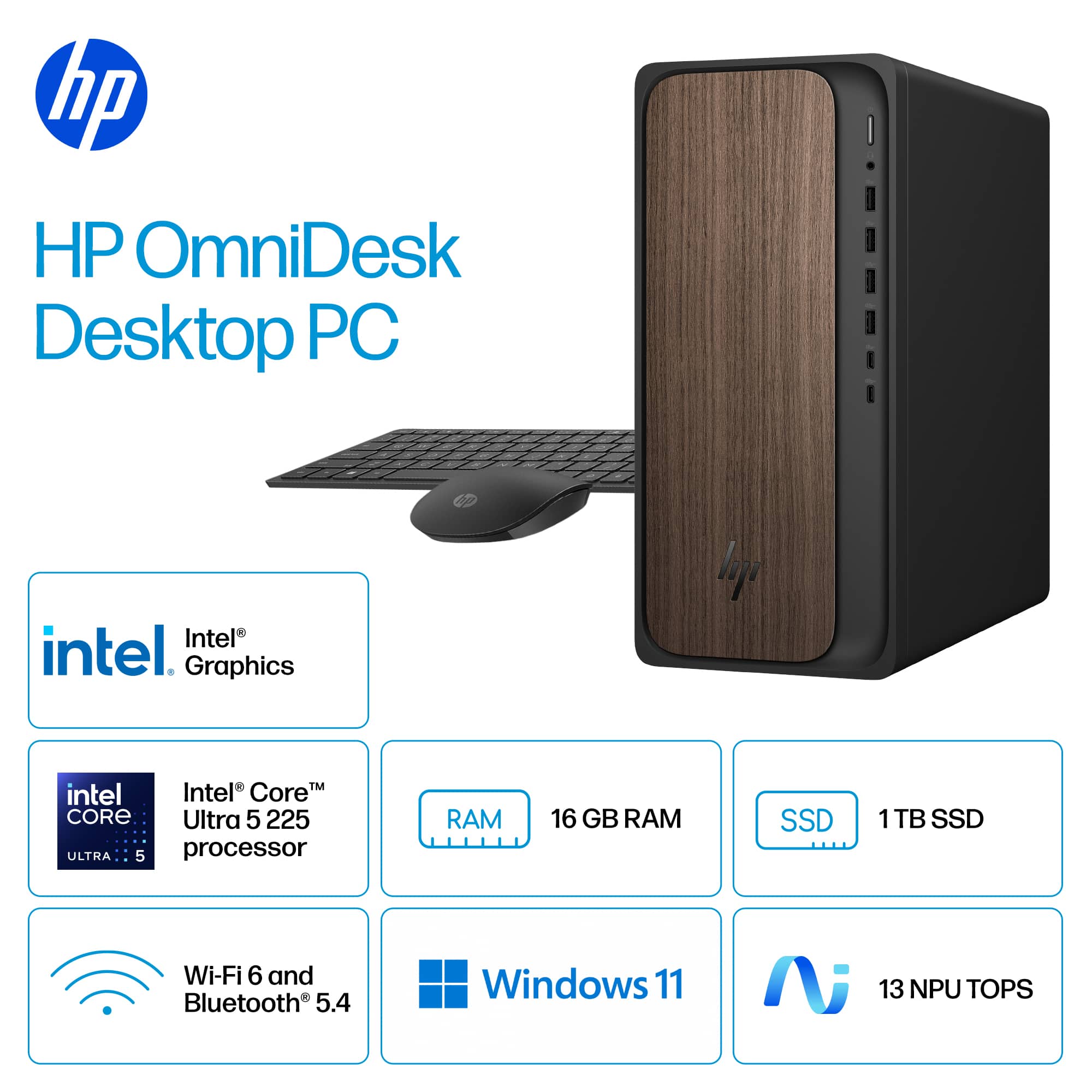 The text on the image is grouped and corrected as follows:
HP OmniDesk Desktop PC
Intel Core i5 2250U processor
16 GB RAM
1 TB SSD
Wi-Fi 6 and Bluetooth 5.4
Windows 11
13 NPU TOPS
