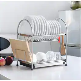 Oumilen - 2-Tier Full Stainless Steel Dish Drying Rack, 15.8 x 10.4 x 17.7 in for Kitchen Countertop with Drainage Tray