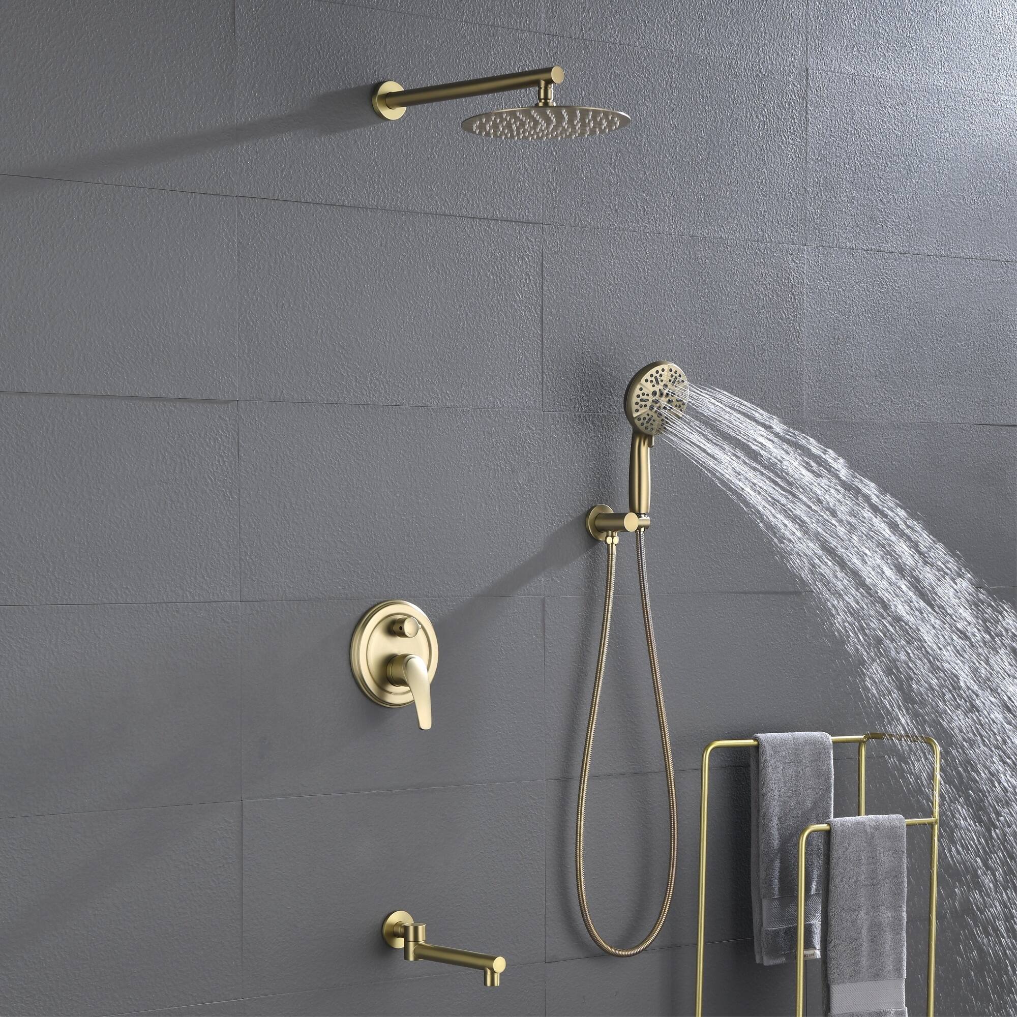 Alt View 3. Boyel Living - Brushed Gold 10-Inch Rain Shower System Brass SUS304 3-Function Valve 7-Function Handheld 180° Spout cUPC - Brushed Gold.