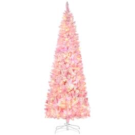 BreeBe - 7.5ft Prelit Snow Flocked Artificial Christmas Tree with Pencil Shape - Pink
