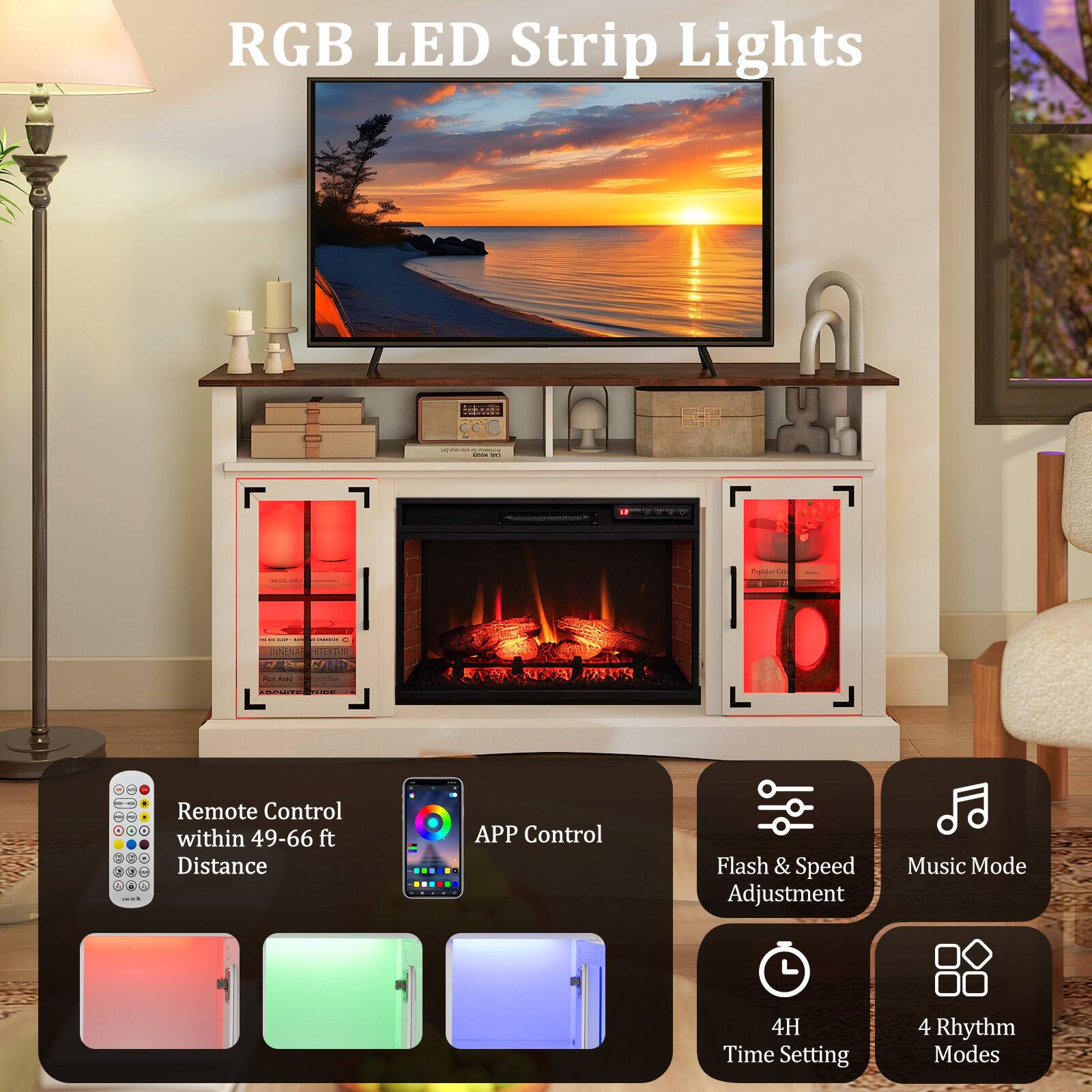 RGB LED Strip Lights

- Remote Control within 49-66 ft Distance
- APP Control
- Flash & Speed Adjustment
- Music Mode
- 4H Time Setting
- 4 Rhythm Modes