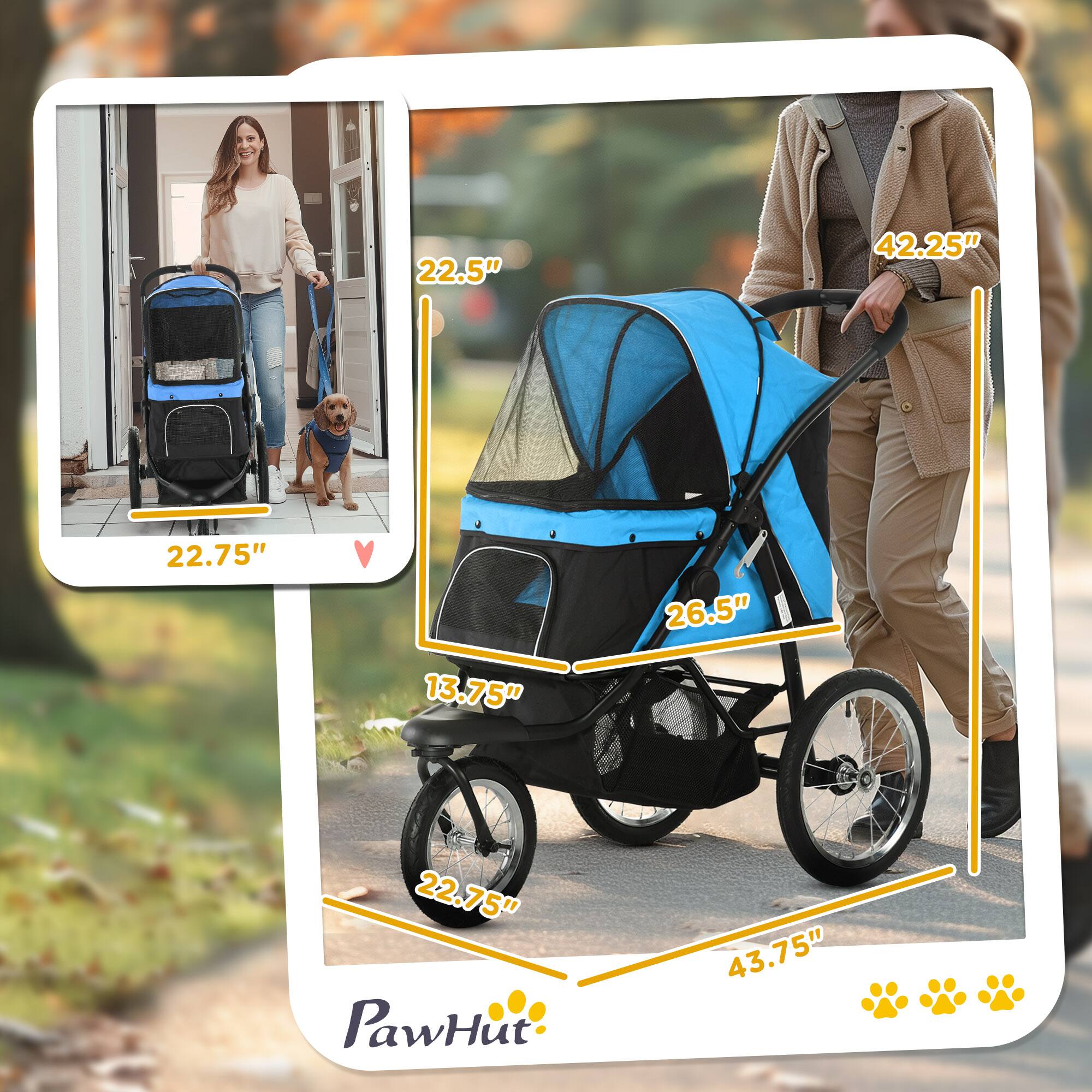 Left. Pawhut - 3 Wheels Pet Stroller for Small & Medium Dogs, Foldable Cat Jogger with Adjustable Canopy, Safety Tether, Cushion.