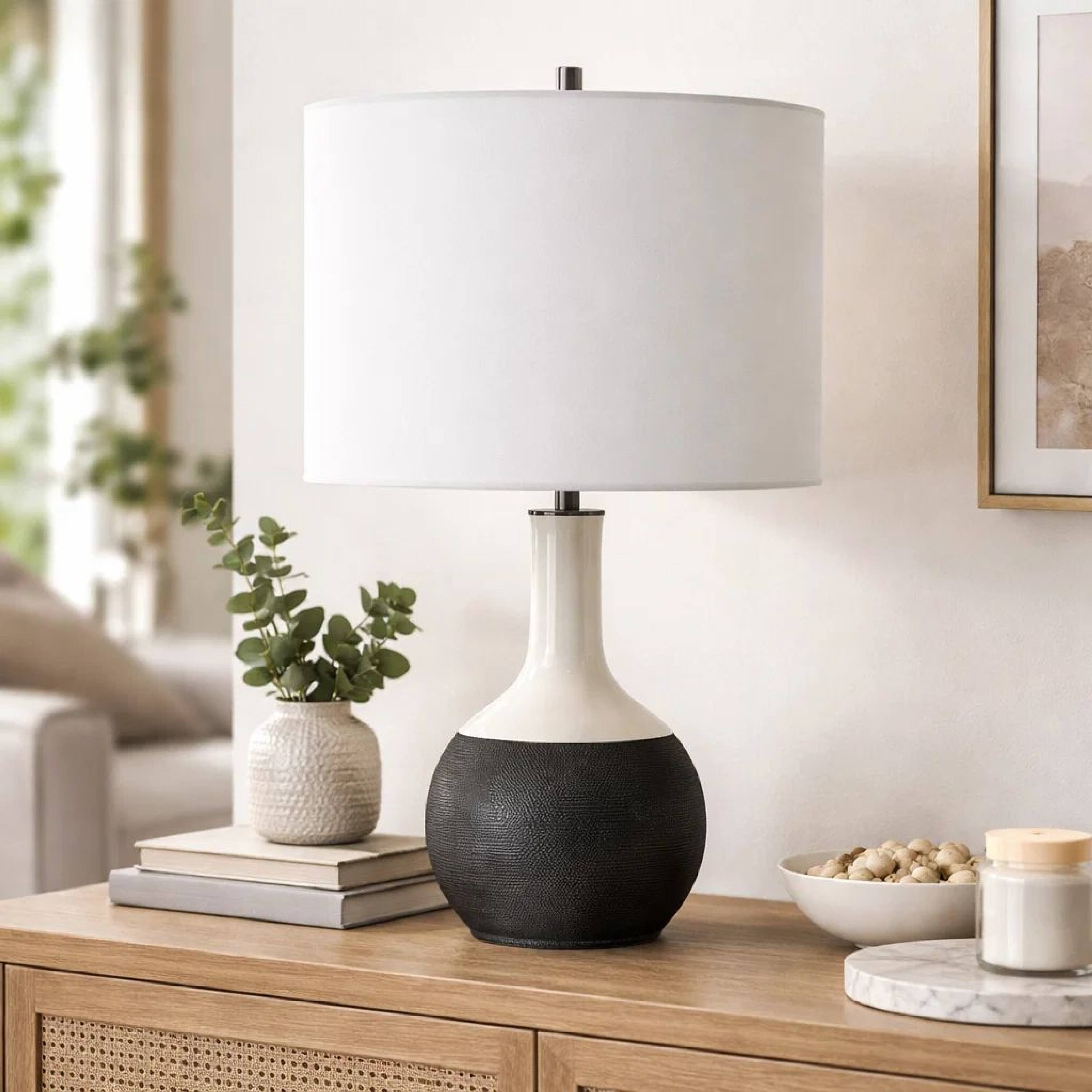 Alt View 2. Manhattan Lane - Table Lamp, Linen Shade, 23 Inch Ceramic Accent - Black, White.