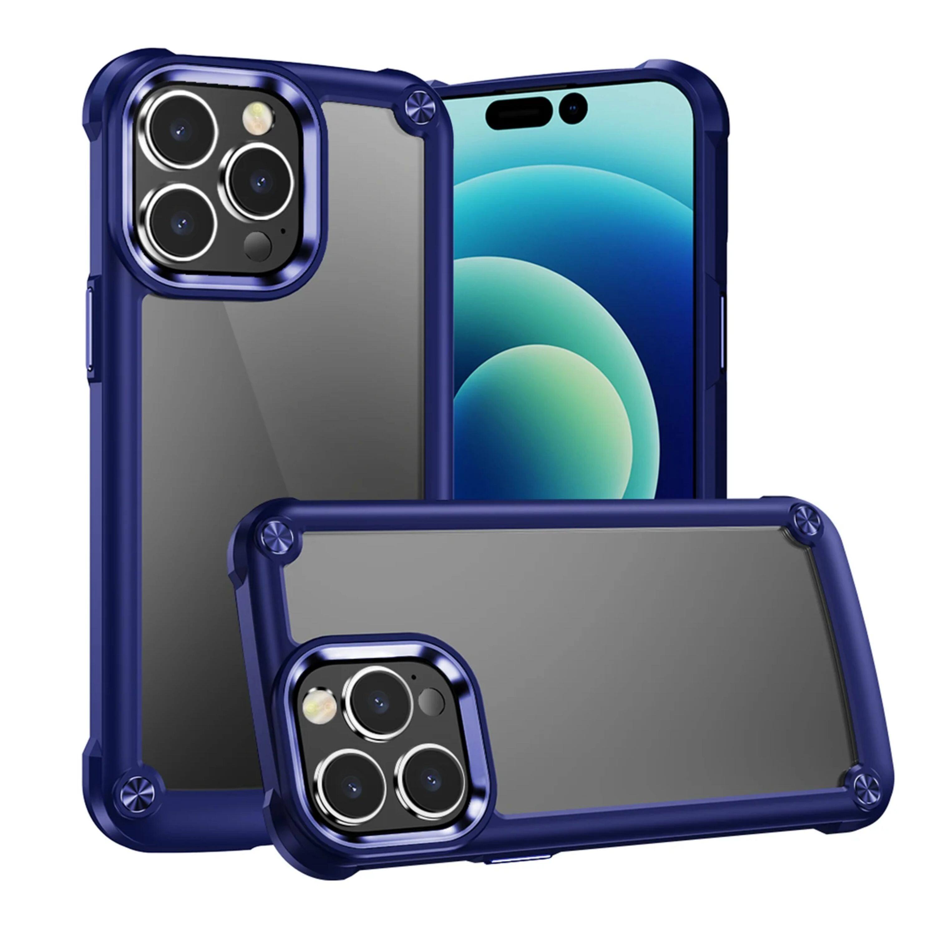 Angle. Kitcheniva - Hybrid Metal Buttons Raised Lip Phone Case With 2 Pcs Screen Protectors For iPhone 15 Pro Max Blue - Blue.