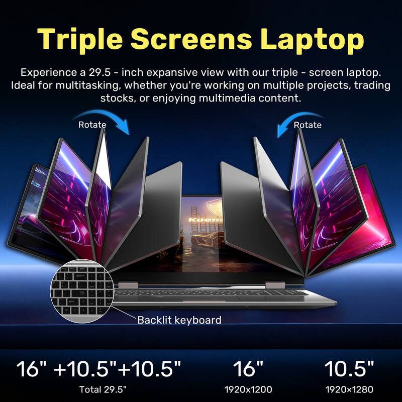 Triple Screens Laptop

Experience a 29.5-inch expansive view with our triple-screen laptop. Ideal for multitasking, whether you're working on multiple projects, trading stocks, or enjoying multimedia content.

Rotate

Backlit keyboard

16" +10.5"+10.5"  
Total 29.5"

16"  
1920x1200

10.5"  
1920x1280